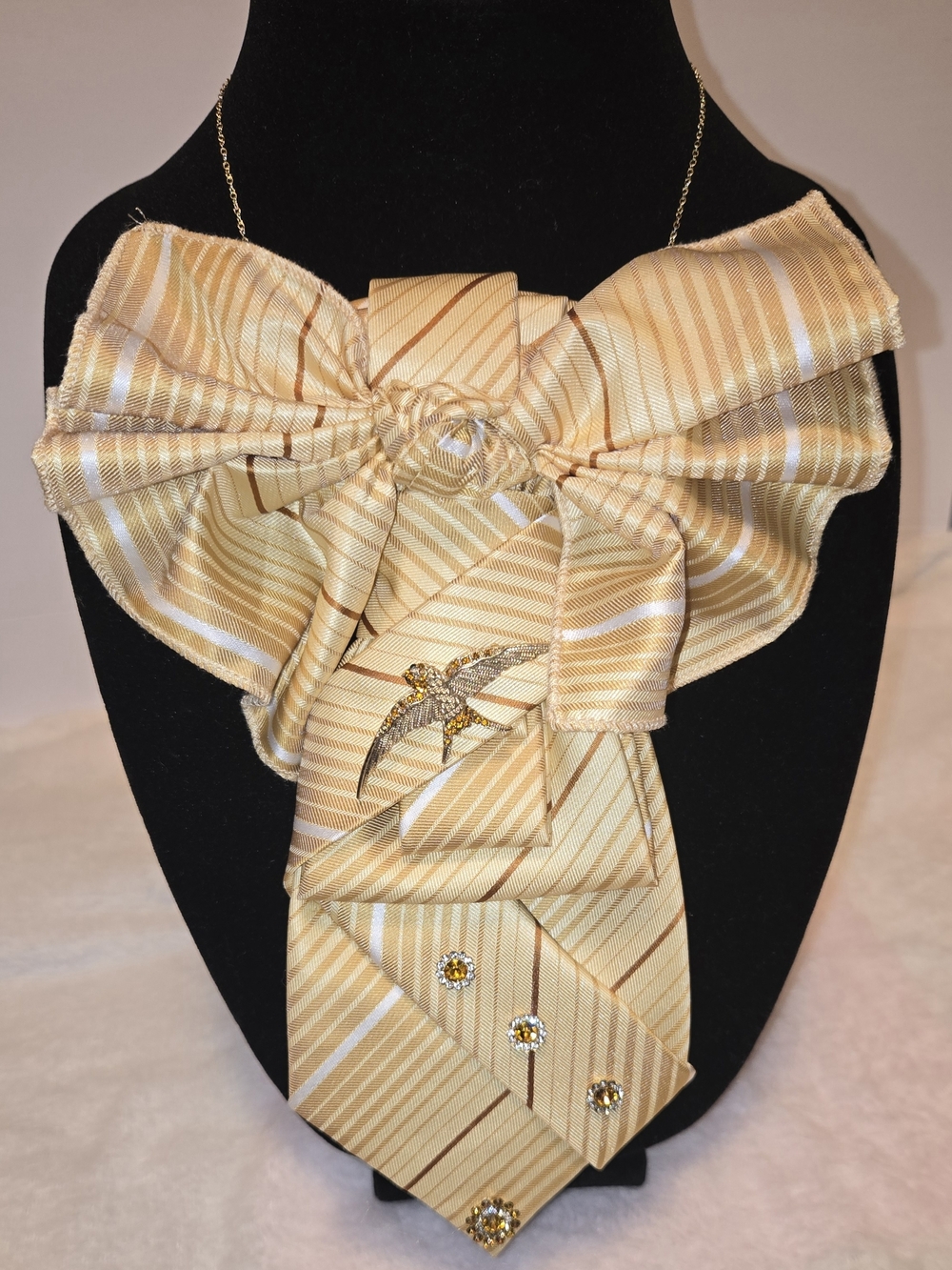 Yellow Striped Silk Statement Bow Tie Necklace